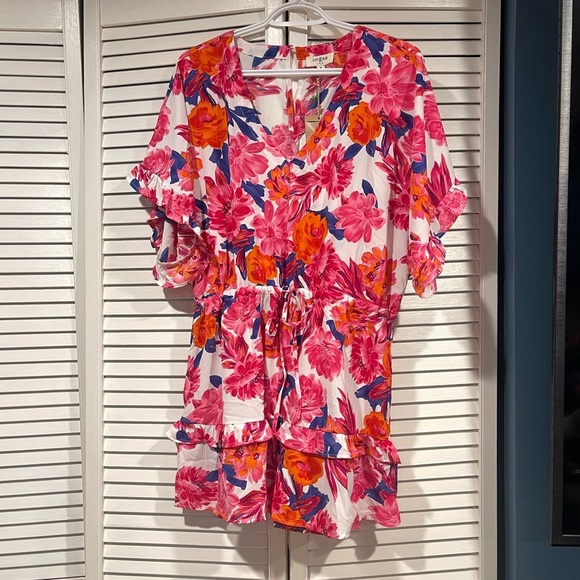 UMGEE PINK & ORANGE FLORAL ROMPER RUFFLE SHORT SLEEVE V-NECK DRAWSTRING WAIST - Picture 15 of 15